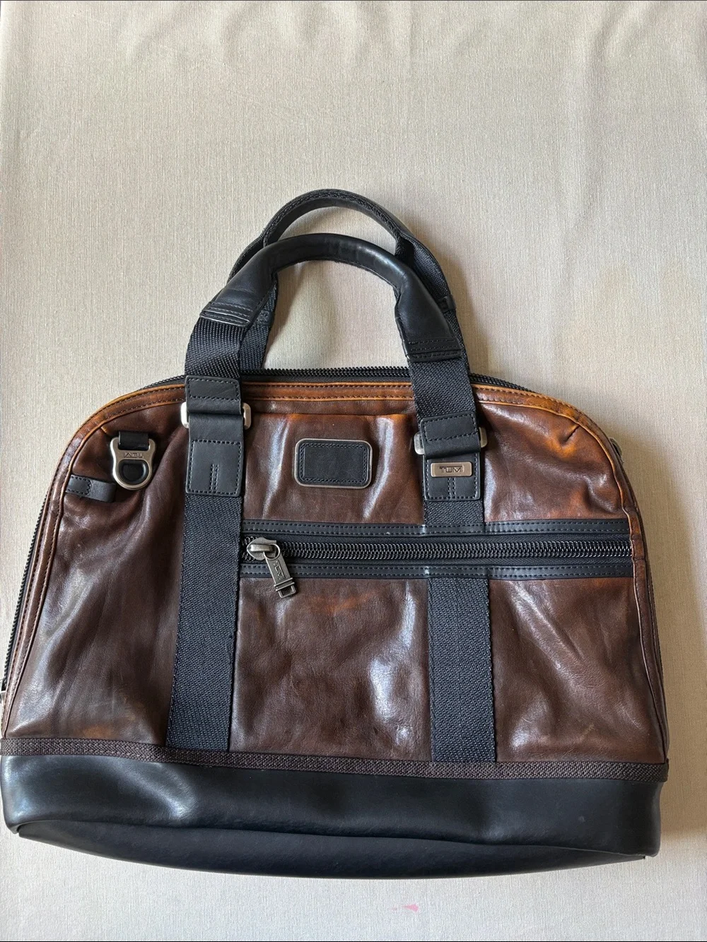 Tumi Brown Leather Briefcase with Black Trim